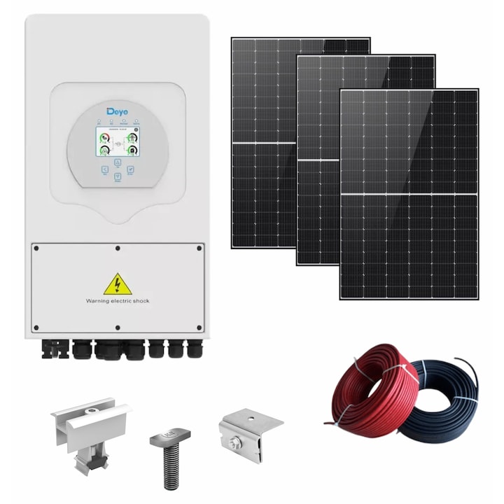 Sistem fotovoltaic Deye trifazat 10 kW cu 20 panouri, invertor 10 kW, hibrid