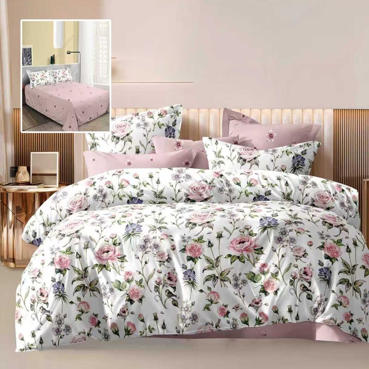 Lenjerie de pat dublu Ralex Pucioasa, set 4 piese, microfibra, trandafiri roz, 230x250cm, 200x230cm, 50x70cm