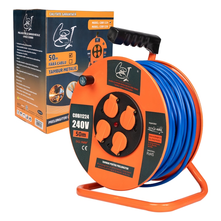 Prelungitor rola, COBI SMART, Tambur metalic, 50 m, 4 prize Schuko, 3x2.5mm