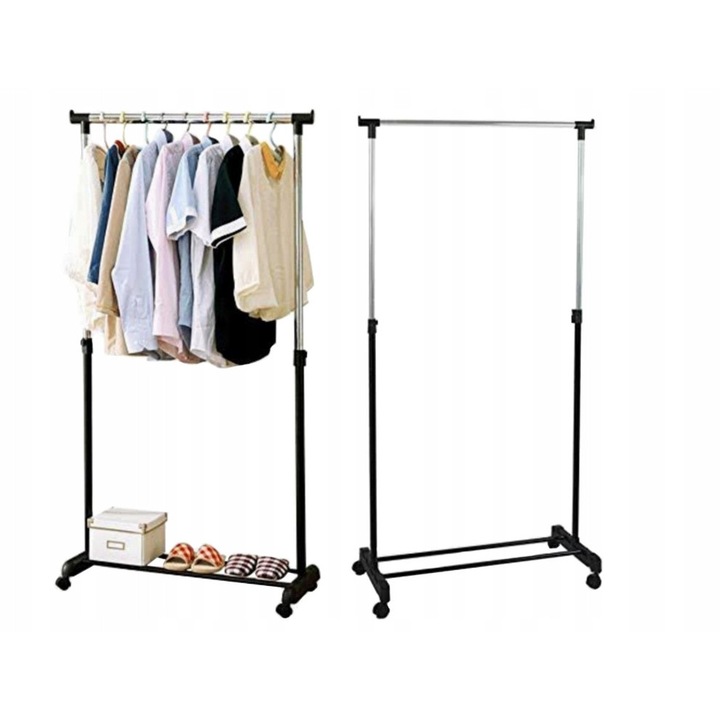 Suport Umerase Reglabil cu Roti, Raft pentru Incaltaminte, 80-155 cm, Metal + Plastic, Portant 10 kg, Organizator Haine Mobil