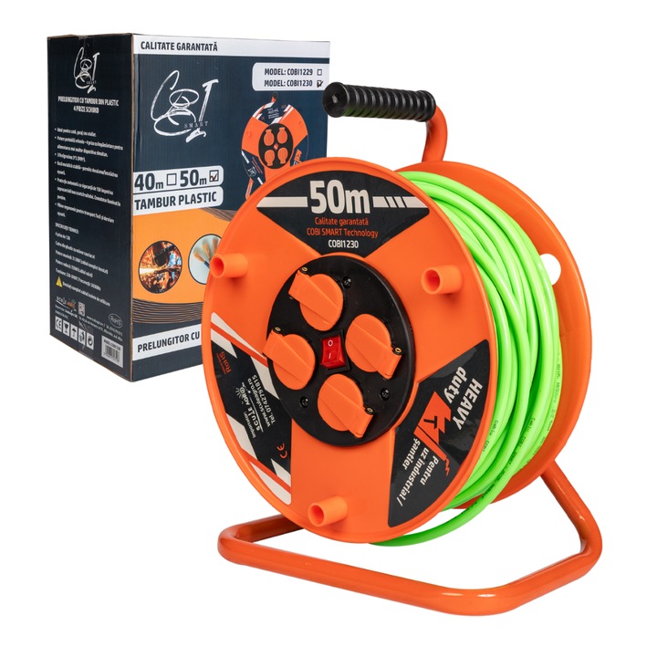 Prelungitor rola cu tambur 3x2.5mm², 50 m, 4 prize Schuko - COBI SMART®