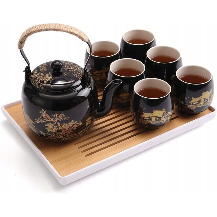 Set Ceainic Japonez 7 Piese, Portelan Negru, 6 Cani 180ml, Infuzor, 820ml