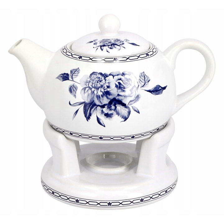 Елегантна кана със затопляща поставка, 1л, сини цветя, керамика, диаметър 13,5см, комплект