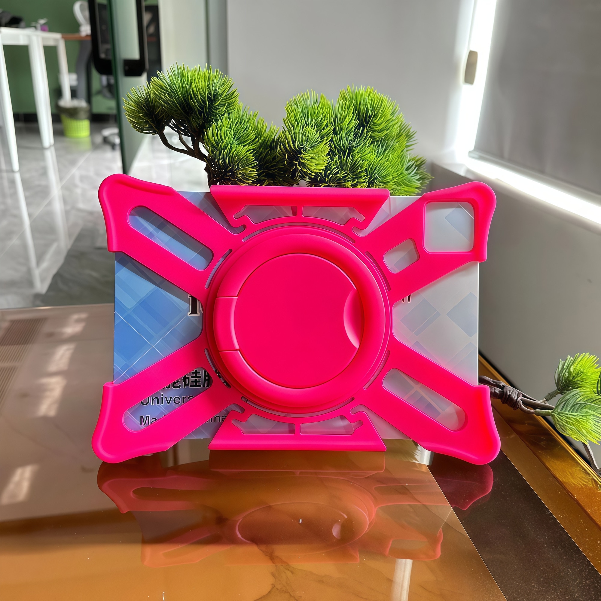 Husă universală pentru tabletă 7-8 inch, Omelivon, roșu carmin, silicon + PC, stand rotativ 360, design schelet inteligent