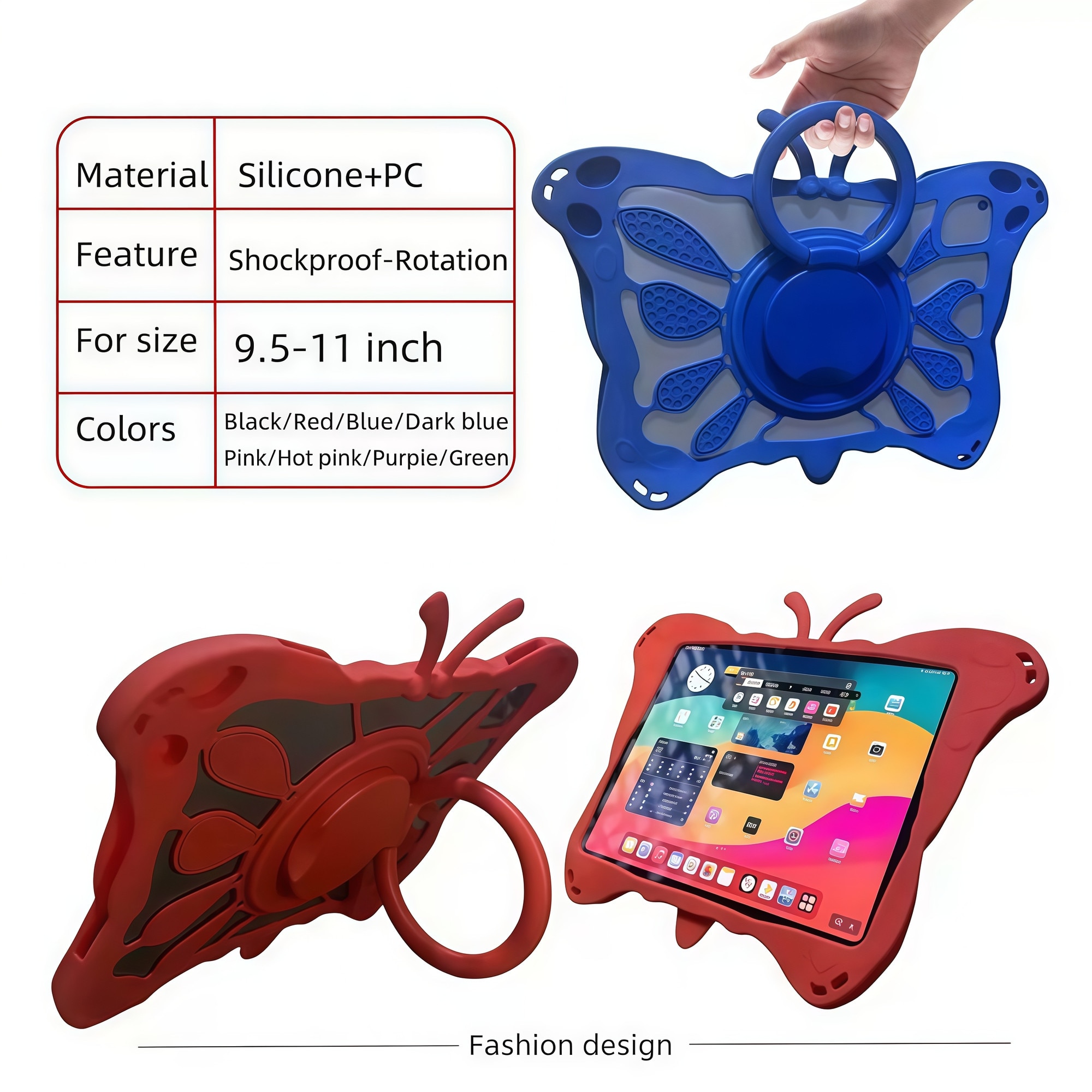 Husa Tableta Universala Copii 9.5 - 11 inch, Compatibila cu Allview Viva H1003 / Vonino Magnet / iPad / Samsung, Model Fluture, Silicon Premium, Stand Rotativ 360, Maner Transport si Dissipare Caldura, Mov