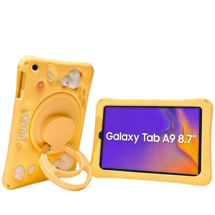 Husa pentru Samsung Galaxy Tab A9 / A11 8.7 inch (2023/2025), Silicon Moale pentru Copii, Maner Inel Rotativ 360 Grade, Functie Stand, Protectie Anti-soc, Design Ratoita, Galben