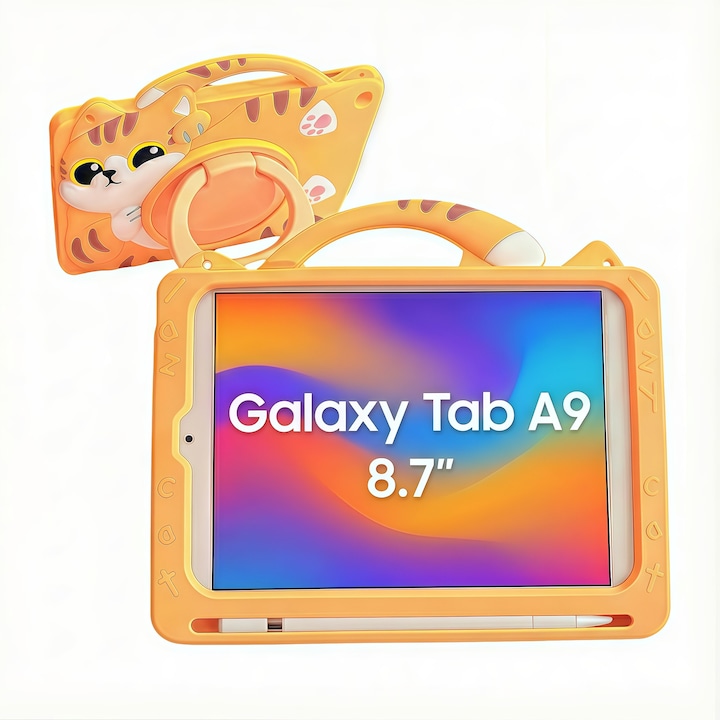 Husa pentru Samsung Galaxy Tab A9 / A11 8.7 inch (2023/2025), Silicon Moale pentru Copii, Maner Inel Rotativ 360 Grade, Functie Stand, Protectie Anti-soc, Design Pisicuta, Portocaliu