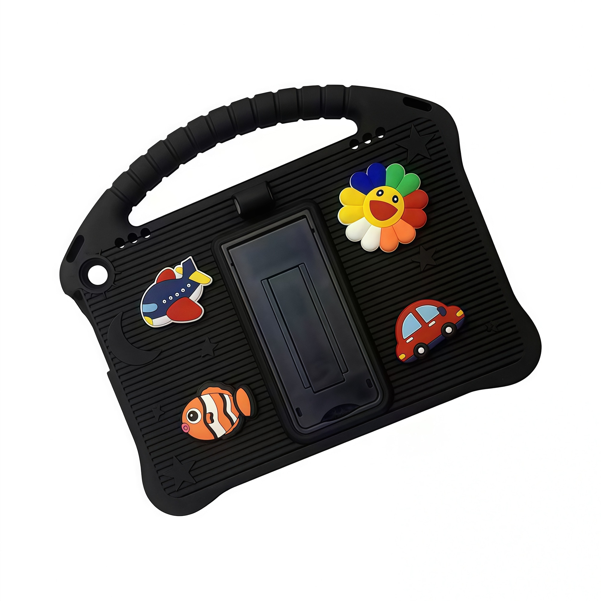 Husa pentru Samsung Galaxy Tab A9 / A11 8.7 inch (2023/2025), Silicon Moale pentru Copii, Accesorii Figurine 3D Detasabile DIY, Maner si Stand Pliabil, Protectie Anti-soc, Negru