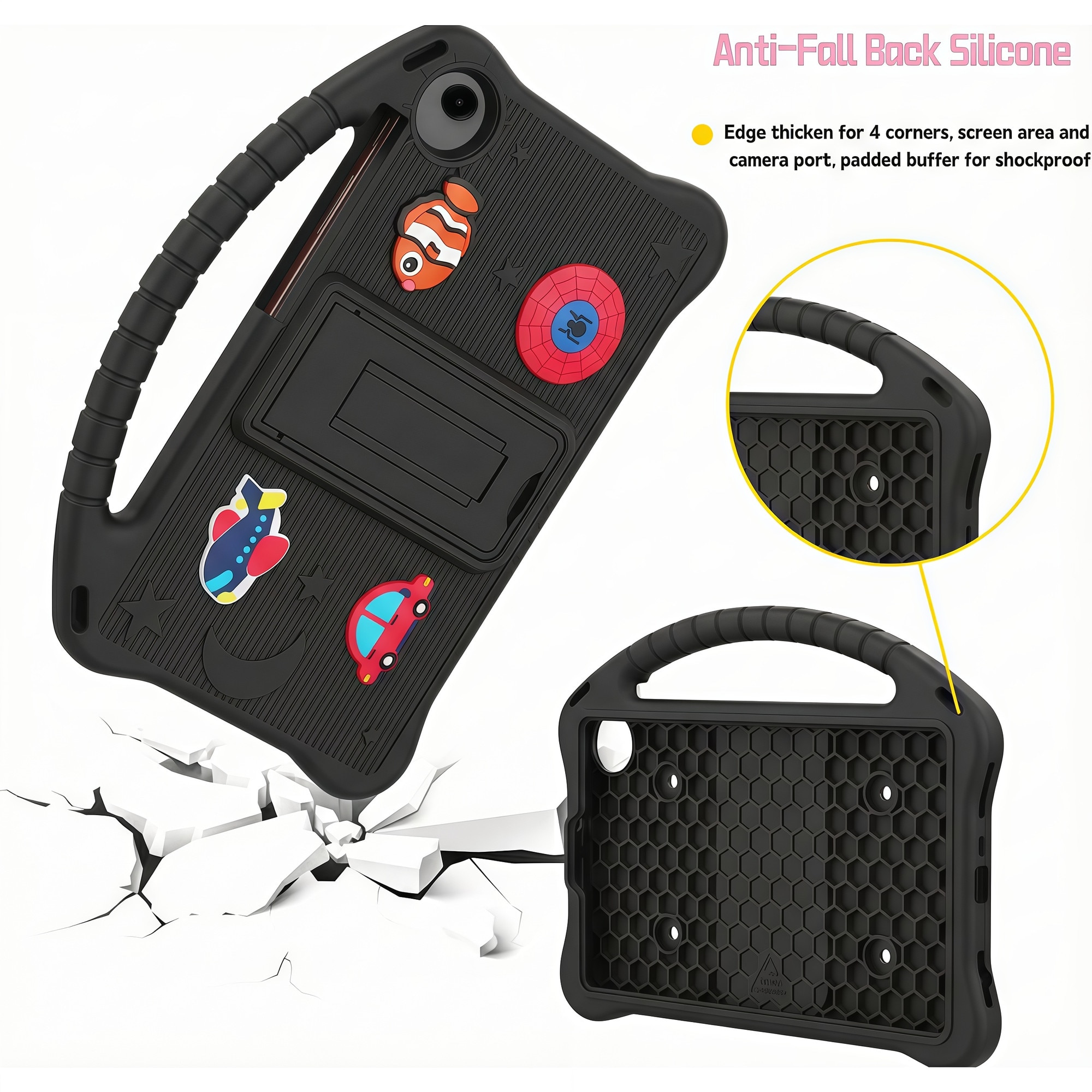 Husa pentru Samsung Galaxy Tab A9 / A11 8.7 inch (2023/2025), Silicon Moale pentru Copii, Accesorii Figurine 3D Detasabile DIY, Maner si Stand Pliabil, Protectie Anti-soc, Negru