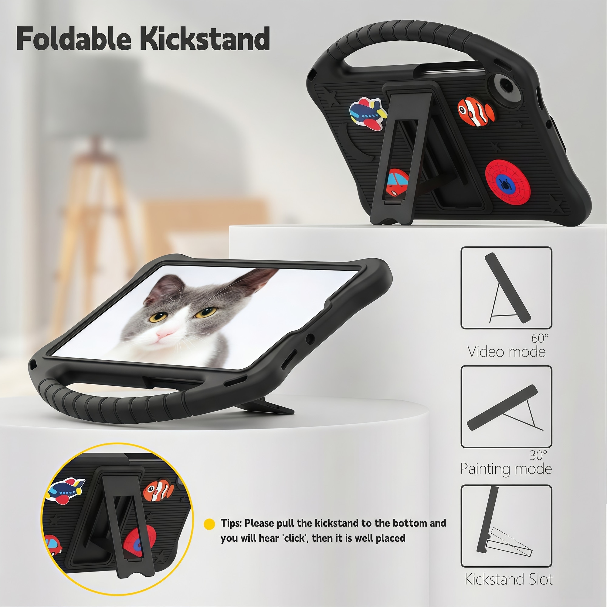 Husa pentru Samsung Galaxy Tab A9 / A11 8.7 inch (2023/2025), Silicon Moale pentru Copii, Accesorii Figurine 3D Detasabile DIY, Maner si Stand Pliabil, Protectie Anti-soc, Negru