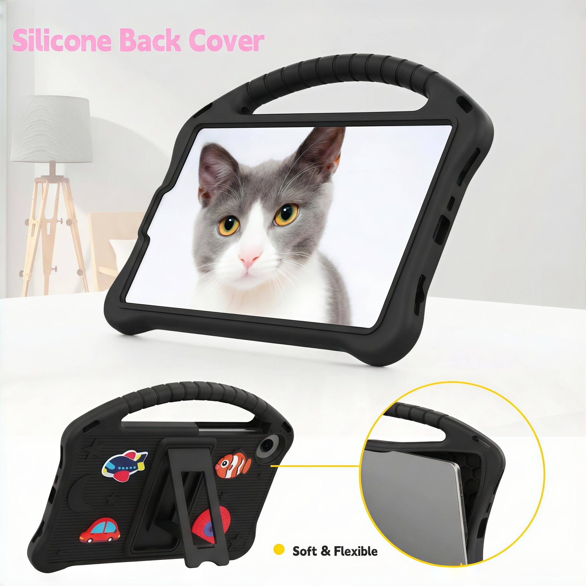 Husa pentru Samsung Galaxy Tab A9 / A11 8.7 inch (2023/2025), Silicon Moale pentru Copii, Accesorii Figurine 3D Detasabile DIY, Maner si Stand Pliabil, Protectie Anti-soc, Negru