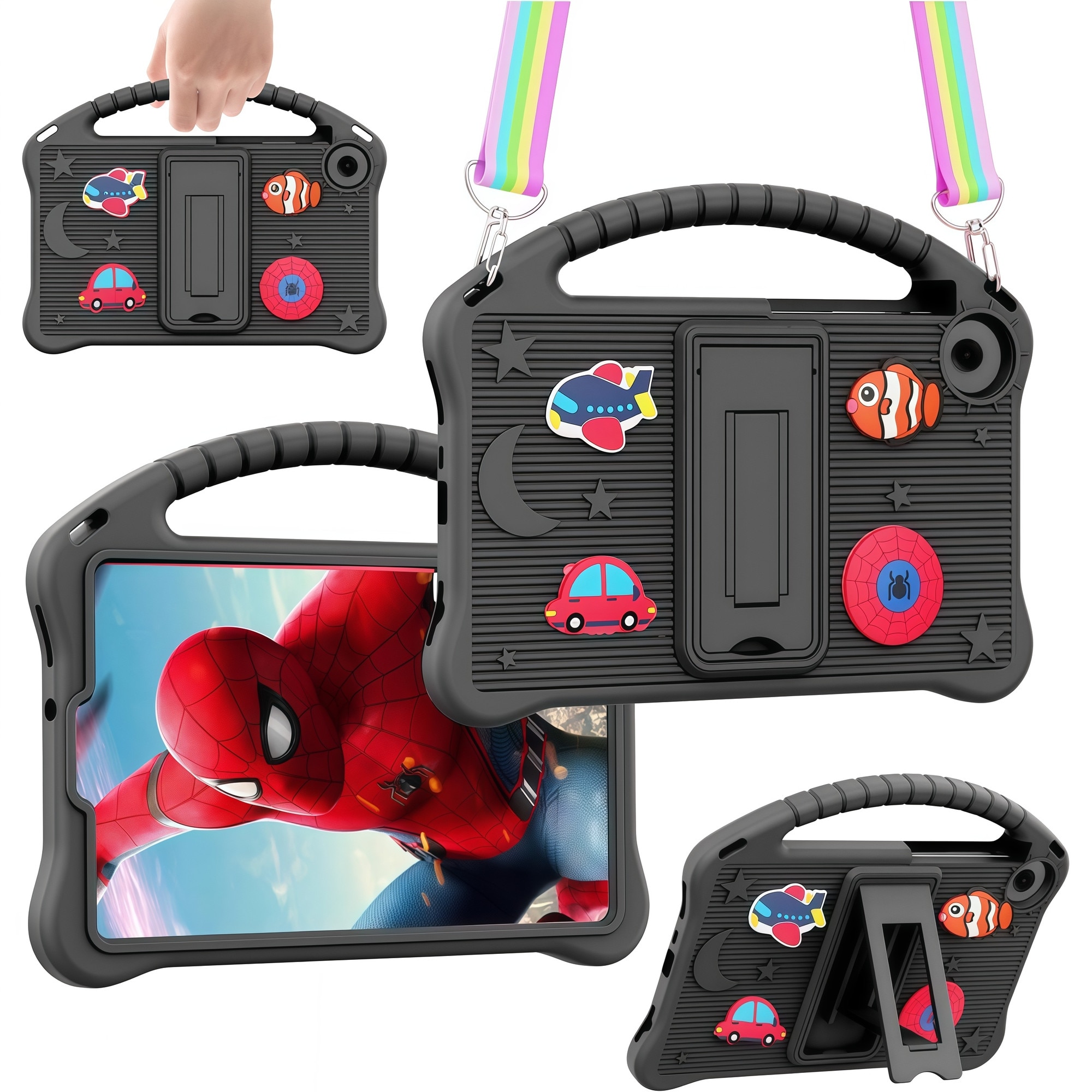 Husa pentru Samsung Galaxy Tab A9 / A11 8.7 inch (2023/2025), Silicon Moale pentru Copii, Accesorii Figurine 3D Detasabile DIY, Maner si Stand Pliabil, Protectie Anti-soc, Negru