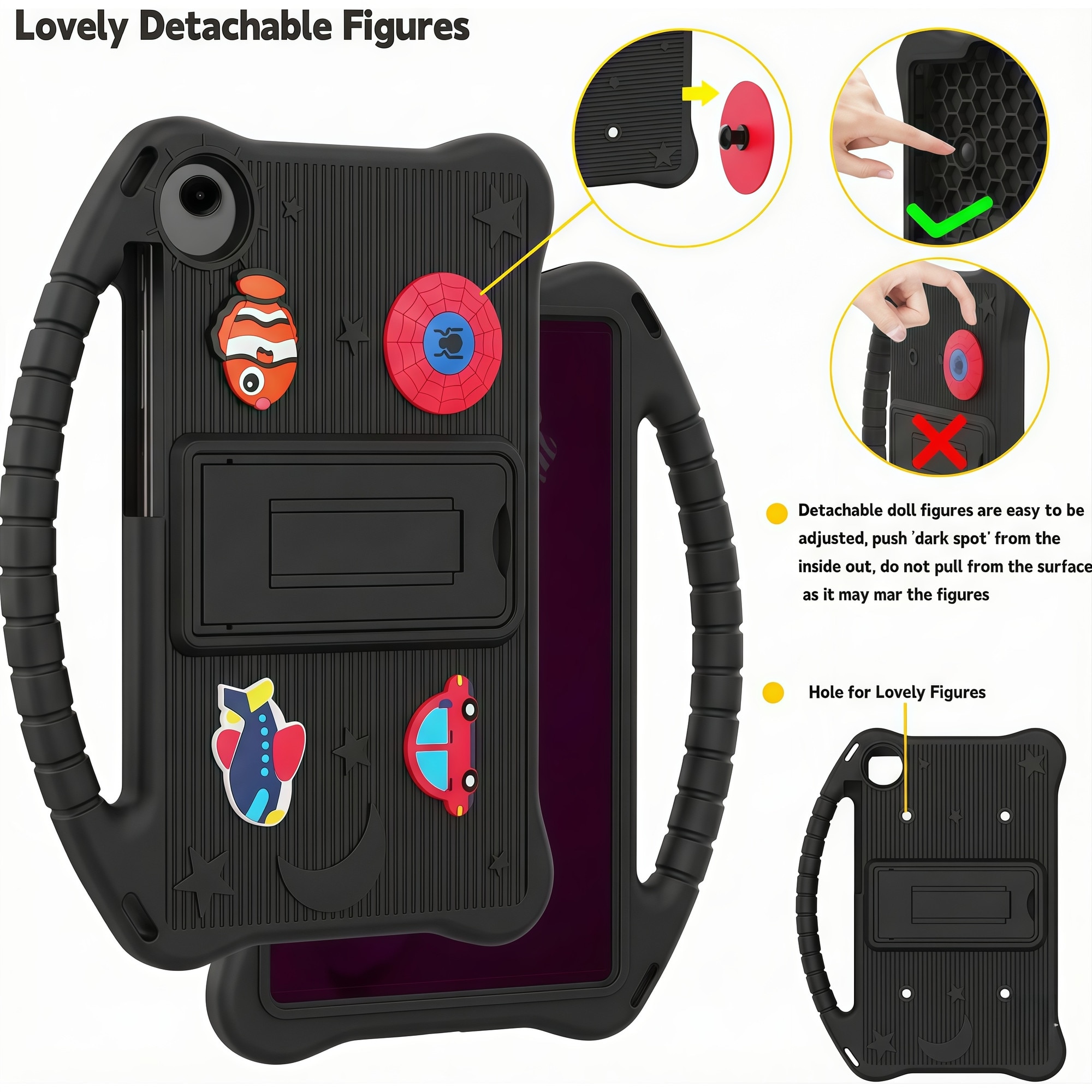 Husa pentru Samsung Galaxy Tab A9 / A11 8.7 inch (2023/2025), Silicon Moale pentru Copii, Accesorii Figurine 3D Detasabile DIY, Maner si Stand Pliabil, Protectie Anti-soc, Negru