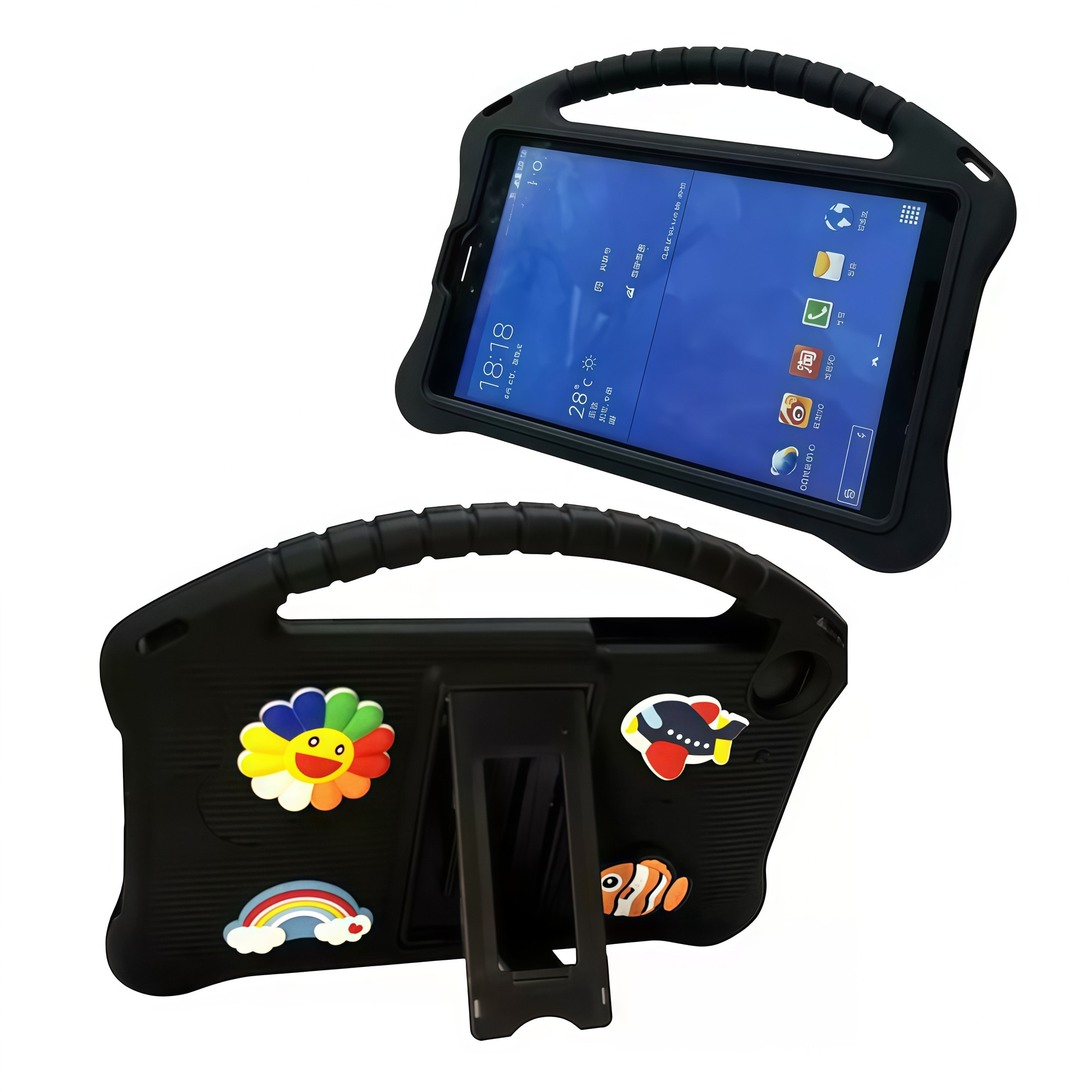 Husa pentru Samsung Galaxy Tab A9 / A11 8.7 inch (2023/2025), Silicon Moale pentru Copii, Accesorii Figurine 3D Detasabile DIY, Maner si Stand Pliabil, Protectie Anti-soc, Negru