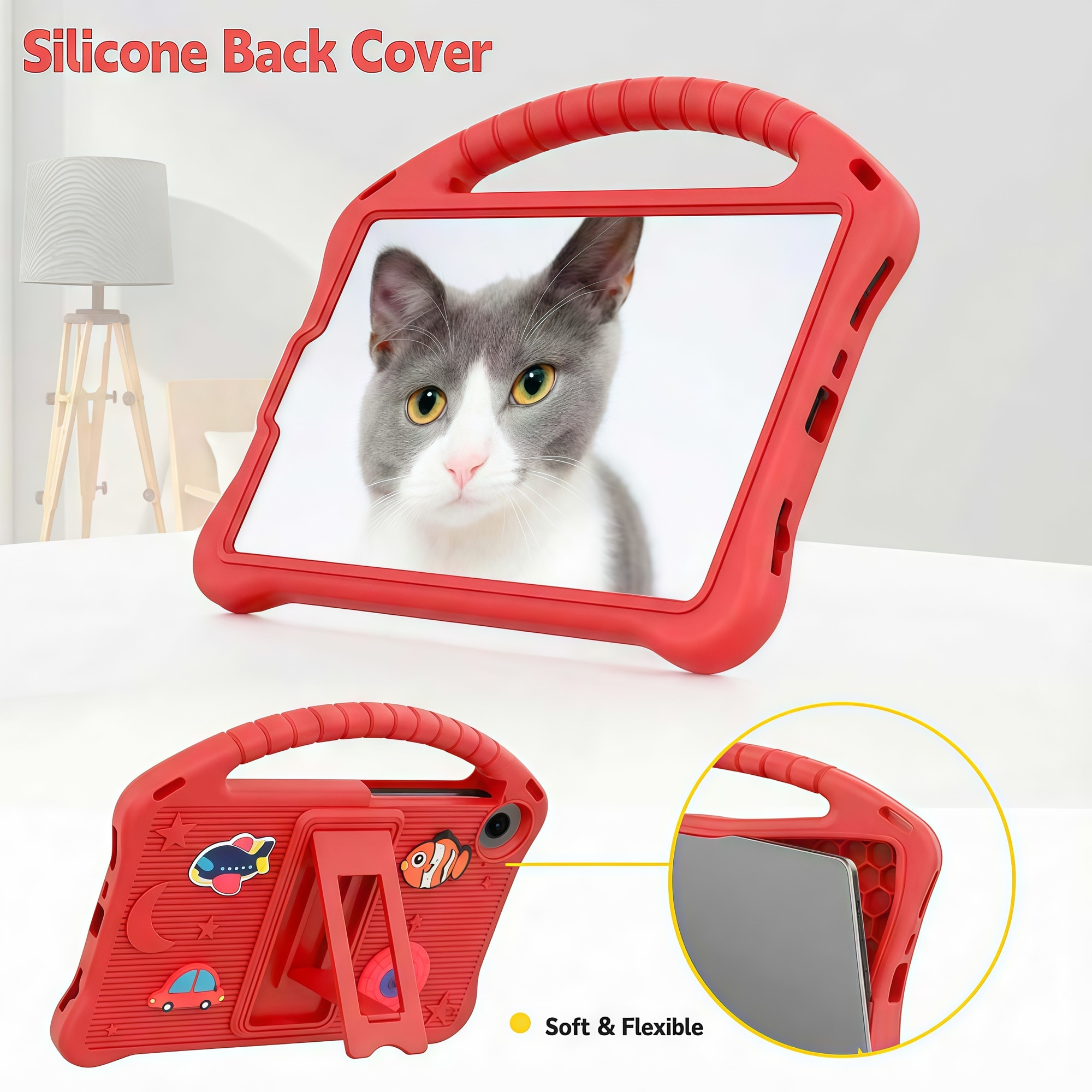 Husă pentru tabletă, Omelivon, Samsung Galaxy Tab A9/A11, silicon moale, redutabil cu figurine 3D, roșu