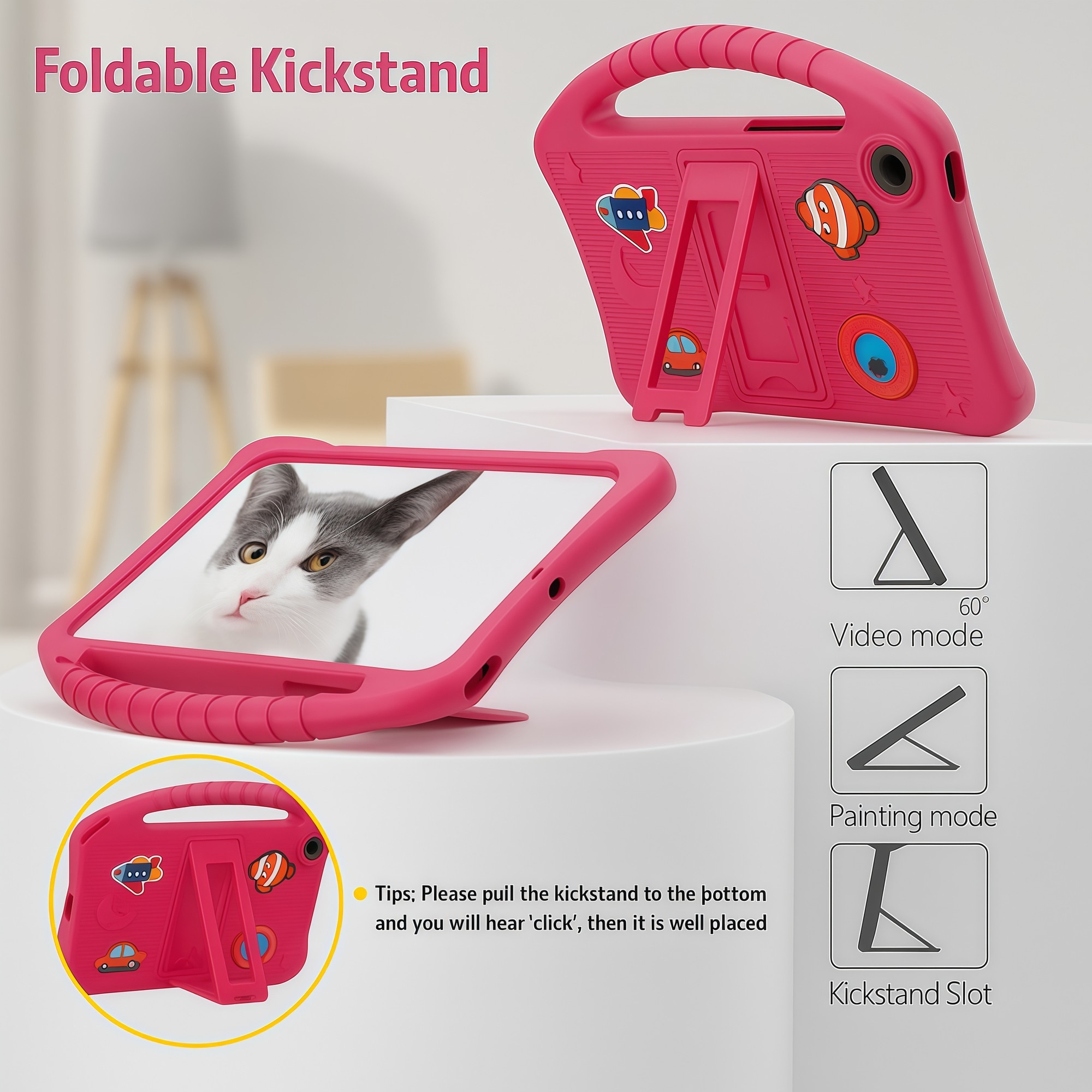 Husa pentru Samsung Galaxy Tab A9 / A11 8.7 inch (2023/2025), Silicon Moale pentru Copii, Accesorii Figurine 3D Detasabile DIY, Maner si Stand Pliabil, Protectie Anti-soc, Rosu Fuczia
