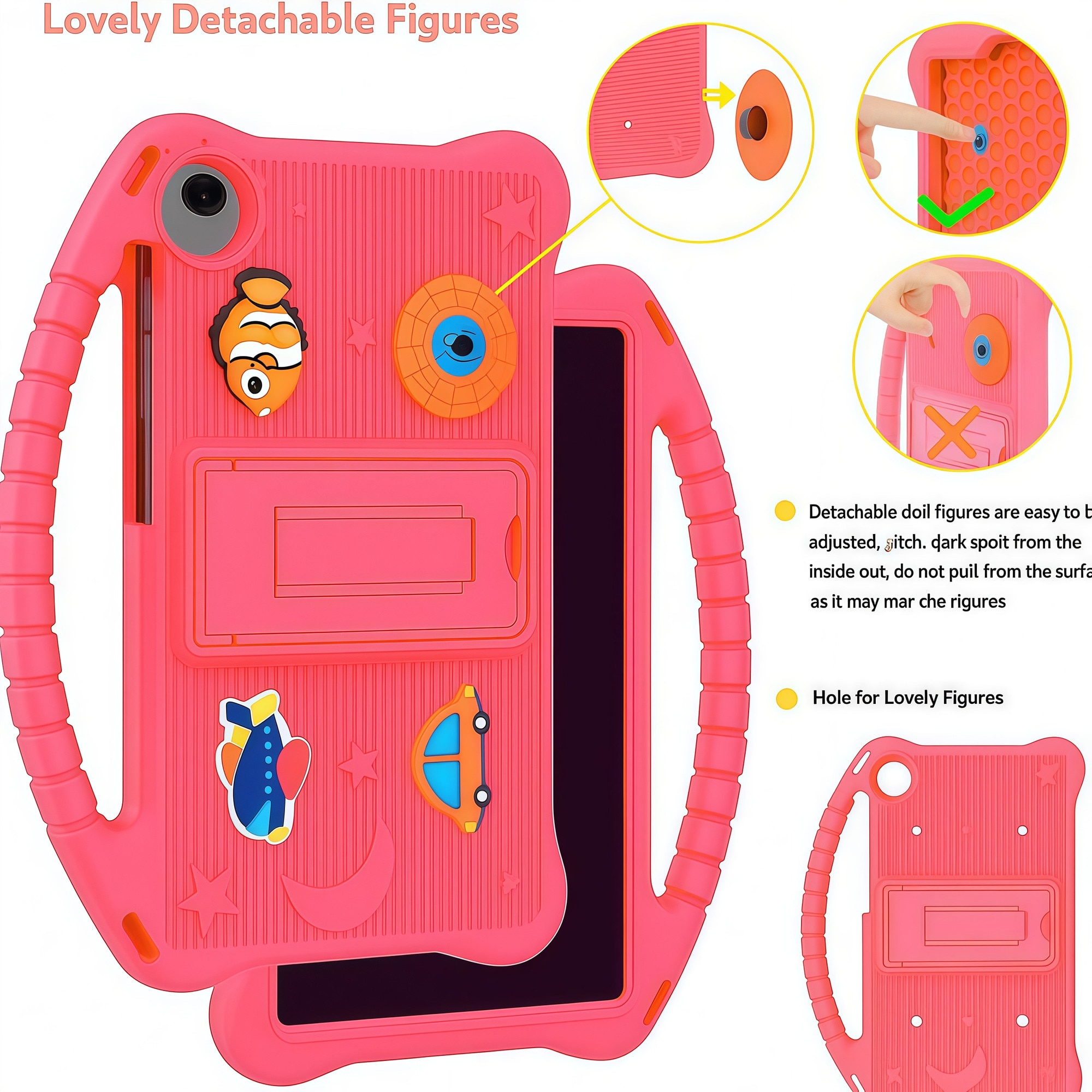 Husa pentru Samsung Galaxy Tab A9 / A11 8.7 inch (2023/2025), Silicon Moale pentru Copii, Accesorii Figurine 3D Detasabile DIY, Maner si Stand Pliabil, Protectie Anti-soc, Rosu Fuczia