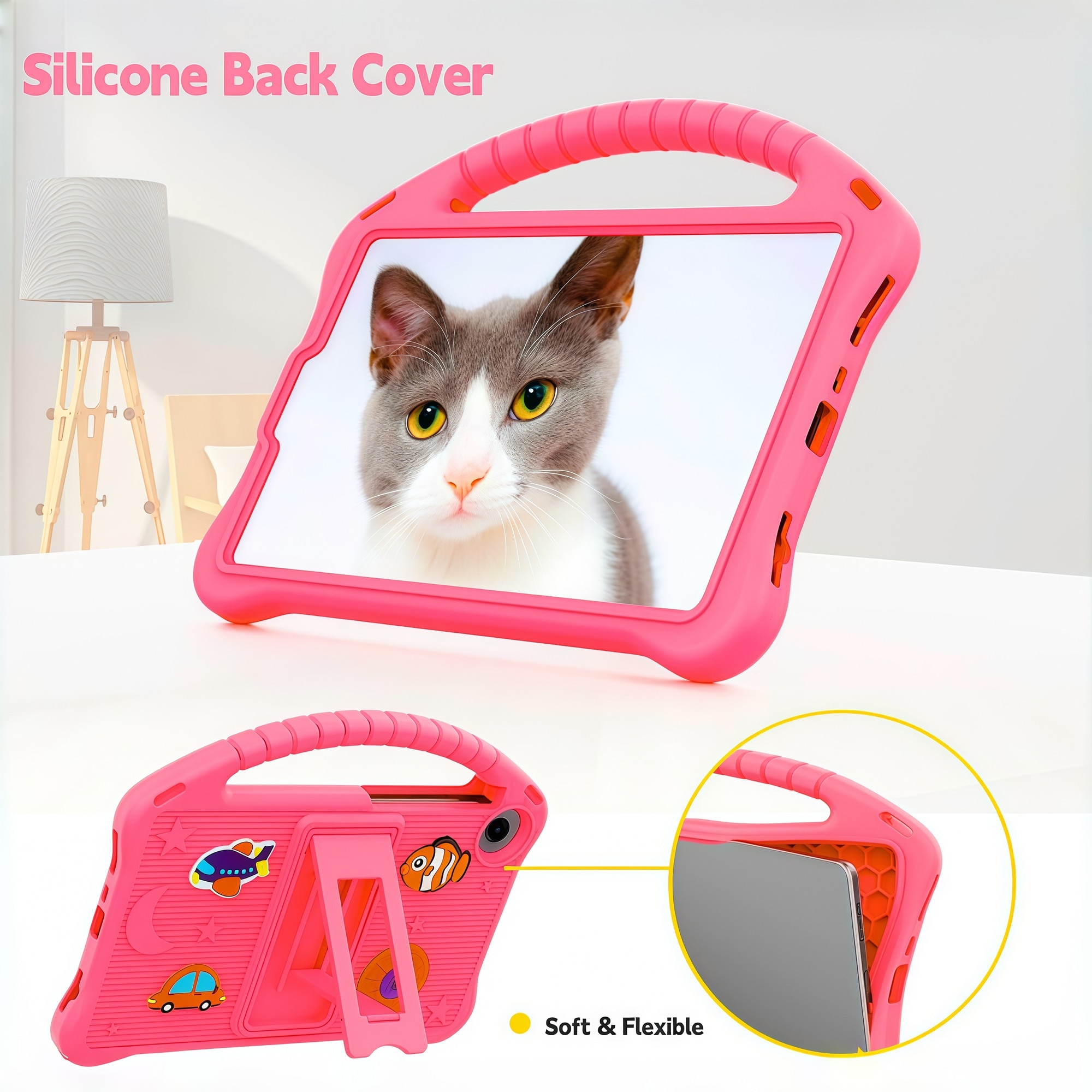 Husa pentru Samsung Galaxy Tab A9 / A11 8.7 inch (2023/2025), Silicon Moale pentru Copii, Accesorii Figurine 3D Detasabile DIY, Maner si Stand Pliabil, Protectie Anti-soc, Rosu Fuczia