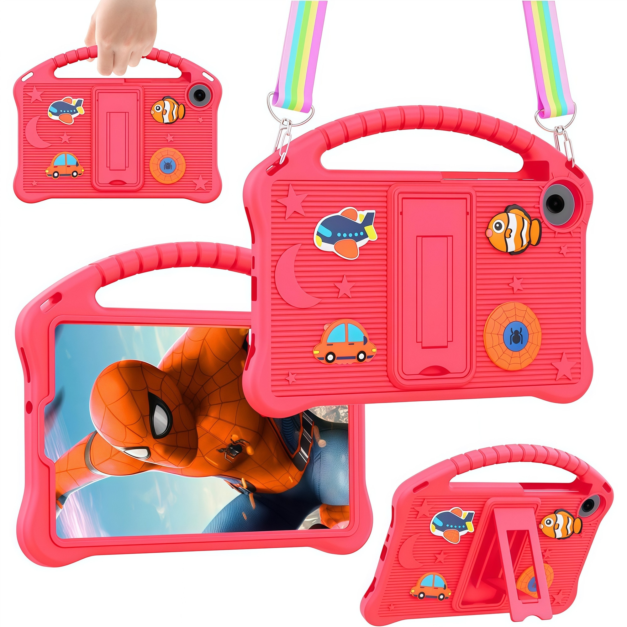 Husa pentru Samsung Galaxy Tab A9 / A11 8.7 inch (2023/2025), Silicon Moale pentru Copii, Accesorii Figurine 3D Detasabile DIY, Maner si Stand Pliabil, Protectie Anti-soc, Rosu Fuczia