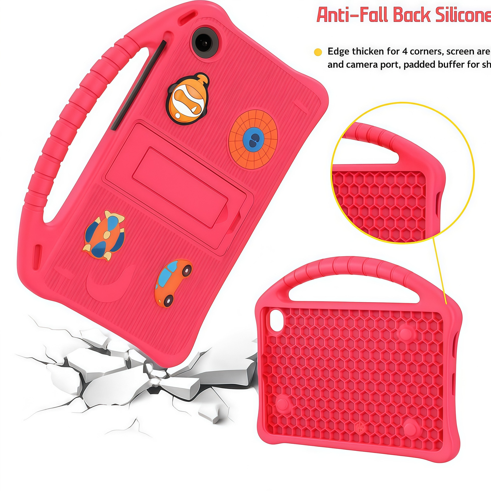 Husa pentru Samsung Galaxy Tab A9 / A11 8.7 inch (2023/2025), Silicon Moale pentru Copii, Accesorii Figurine 3D Detasabile DIY, Maner si Stand Pliabil, Protectie Anti-soc, Rosu Fuczia