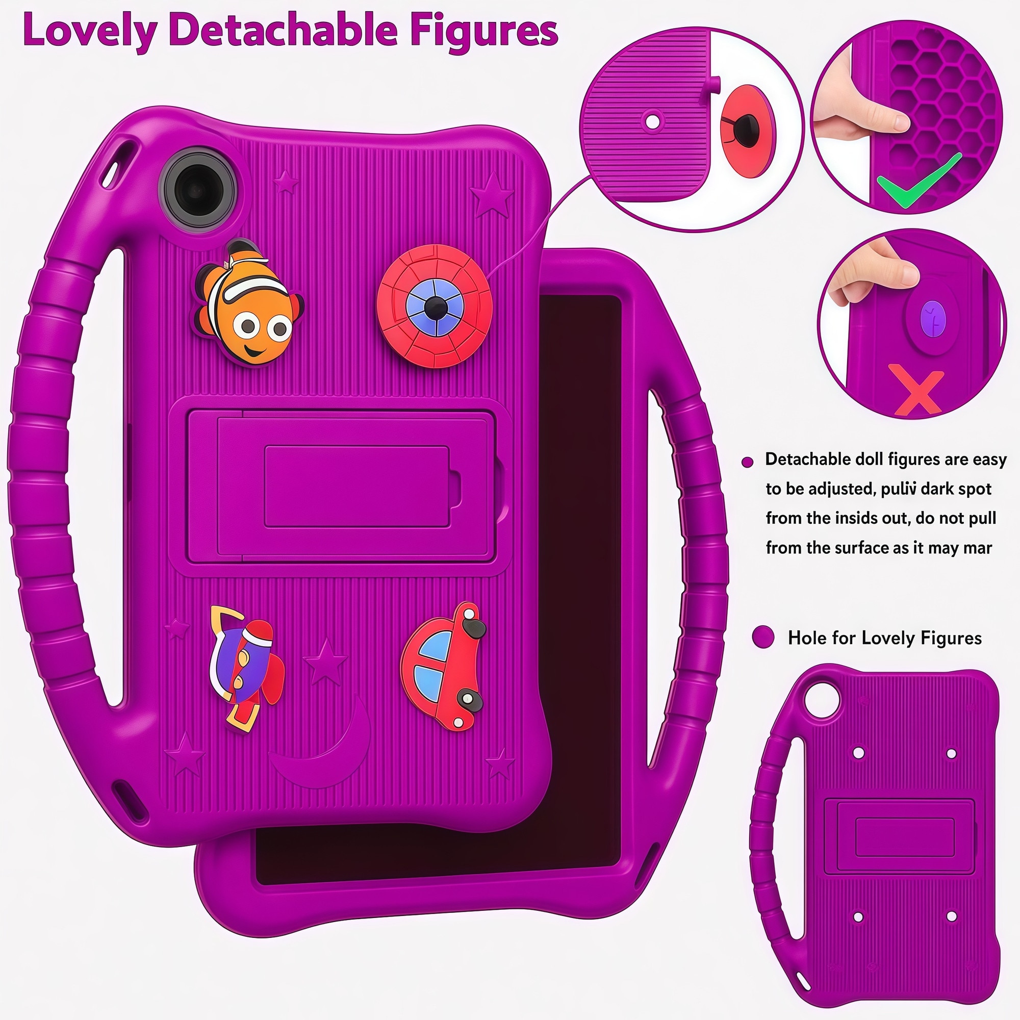 Husa pentru Samsung Galaxy Tab A9 / A11 8.7 inch (2023/2025), Silicon Moale pentru Copii, Accesorii Figurine 3D Detasabile DIY, Maner si Stand Pliabil, Protectie Anti-soc, Mov