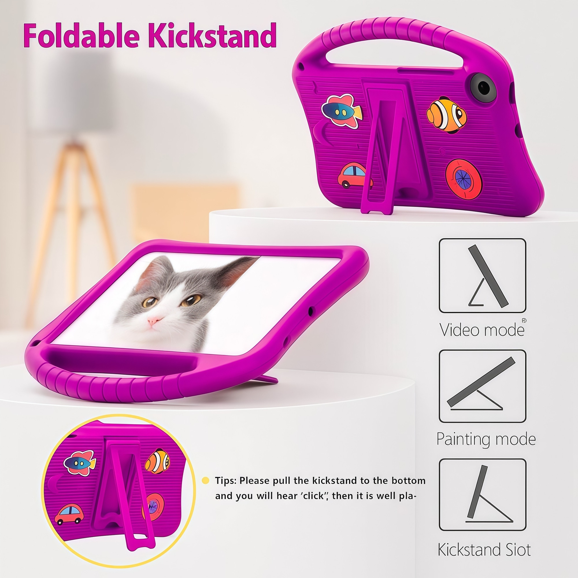 Husa pentru Samsung Galaxy Tab A9 / A11 8.7 inch (2023/2025), Silicon Moale pentru Copii, Accesorii Figurine 3D Detasabile DIY, Maner si Stand Pliabil, Protectie Anti-soc, Mov