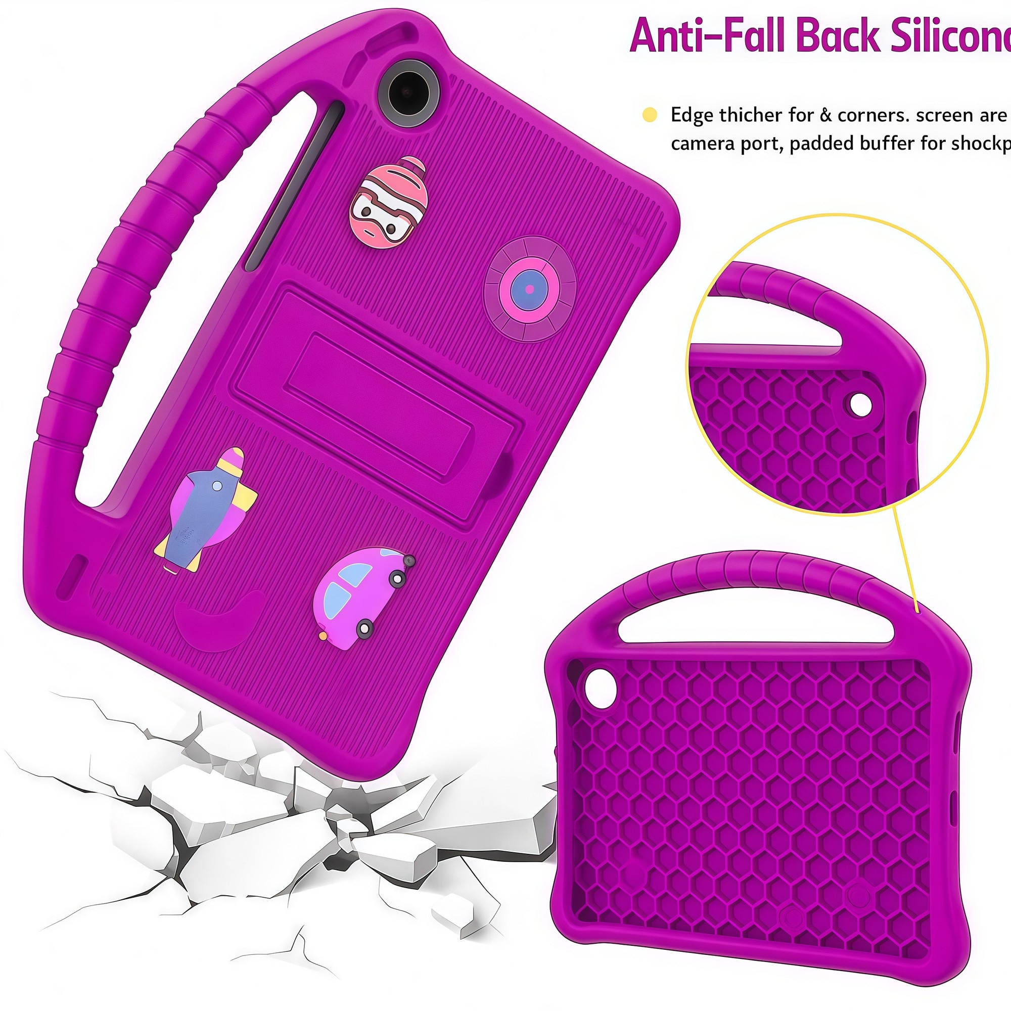 Husa pentru Samsung Galaxy Tab A9 / A11 8.7 inch (2023/2025), Silicon Moale pentru Copii, Accesorii Figurine 3D Detasabile DIY, Maner si Stand Pliabil, Protectie Anti-soc, Mov