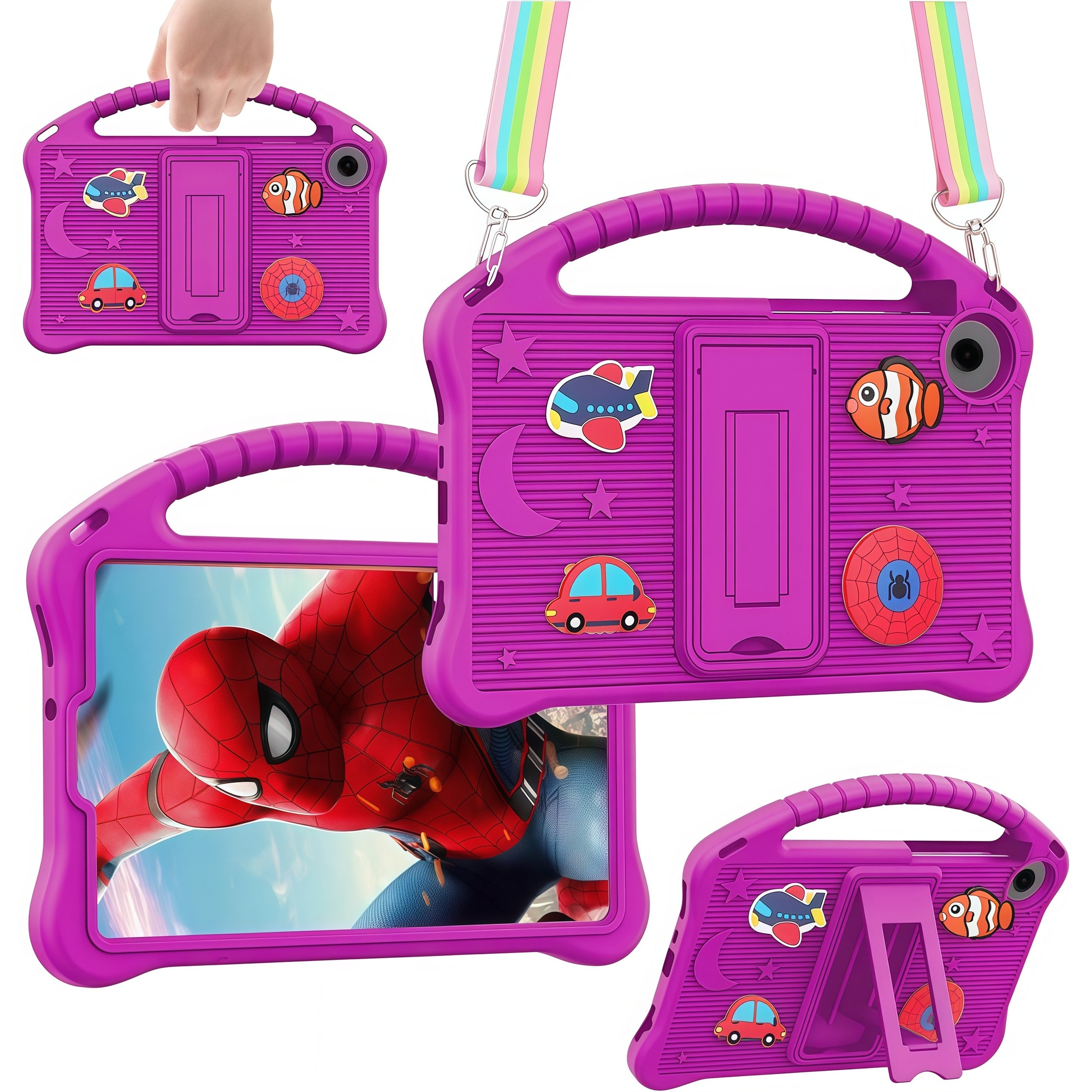 Husa pentru Samsung Galaxy Tab A9 / A11 8.7 inch (2023/2025), Silicon Moale pentru Copii, Accesorii Figurine 3D Detasabile DIY, Maner si Stand Pliabil, Protectie Anti-soc, Mov