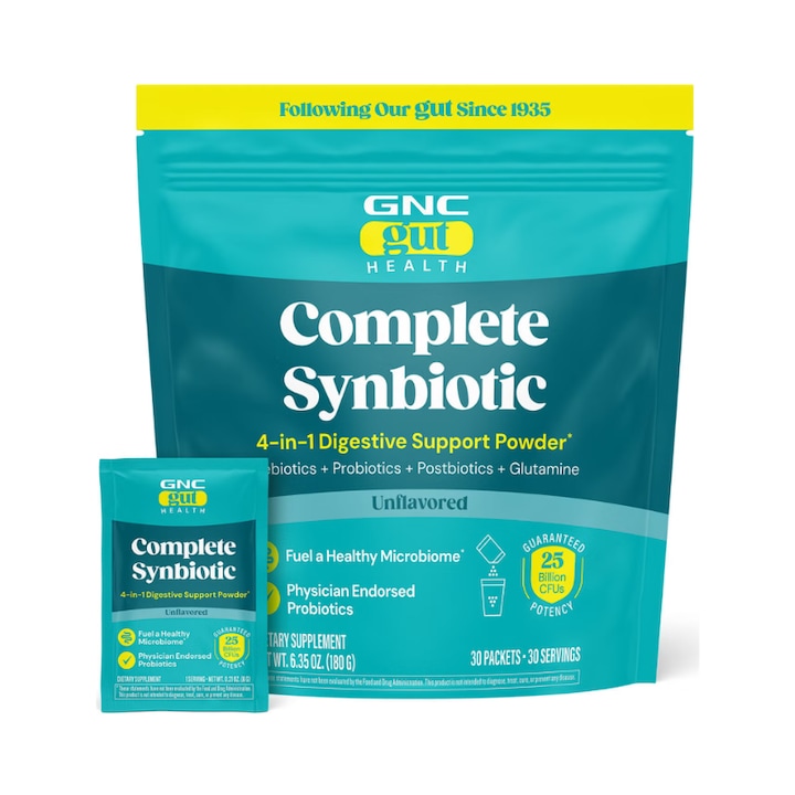 GNC Gut Health Complete Synbiotic 4-in-1 Digestive Support Powder, Formula Premium pentru Sustinerea Digestiei si a Imunitatii, cu Prebiotice, Probiotice si Postbiotice, 180 g