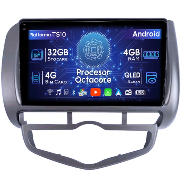 Navigatie dedicata Honda Jazz/City 2006, 4GB RAM 32GB ROM, Octacore, Android 14, Display QLED 1K 9", DSP, Carplay&Android Auto, SIM 4G, Bluetooth, Ventilator Activ