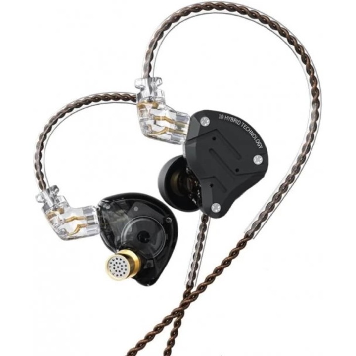 Căști audio cu fir KZ Acoustics ZS10 PRO, 4 drivere balansate + 1 dinamic, negru, in-ear