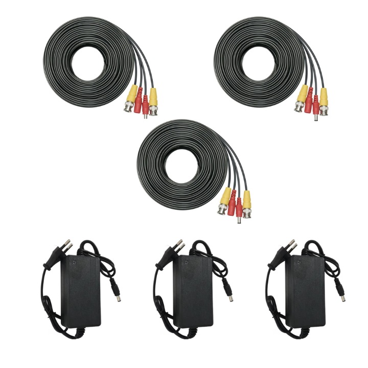 Set Montaj 3 Camere Supraveghere Sursa 12V 2A + Cablu BNC cu Alimentare 20 m, Negru