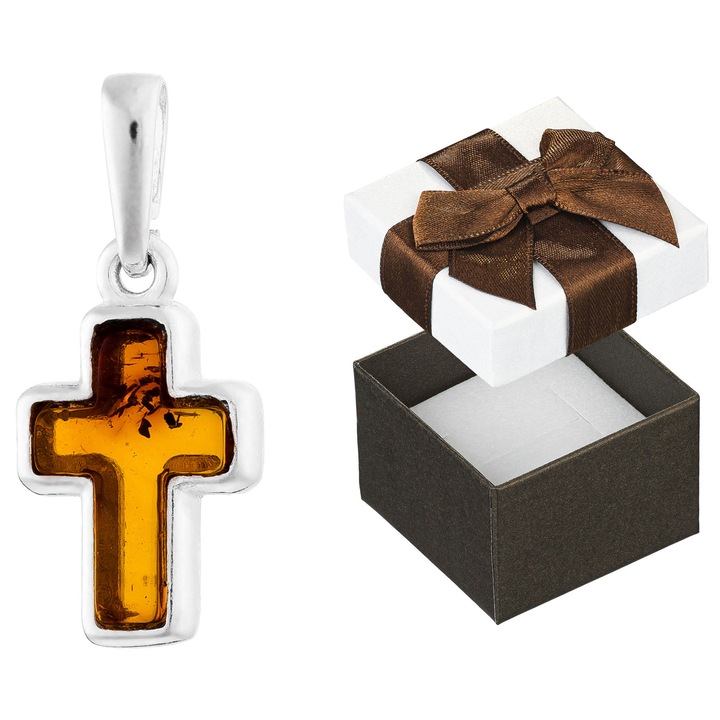 Pandantiv cruce din argint cu chihlimbar, Siju, delicat, mic