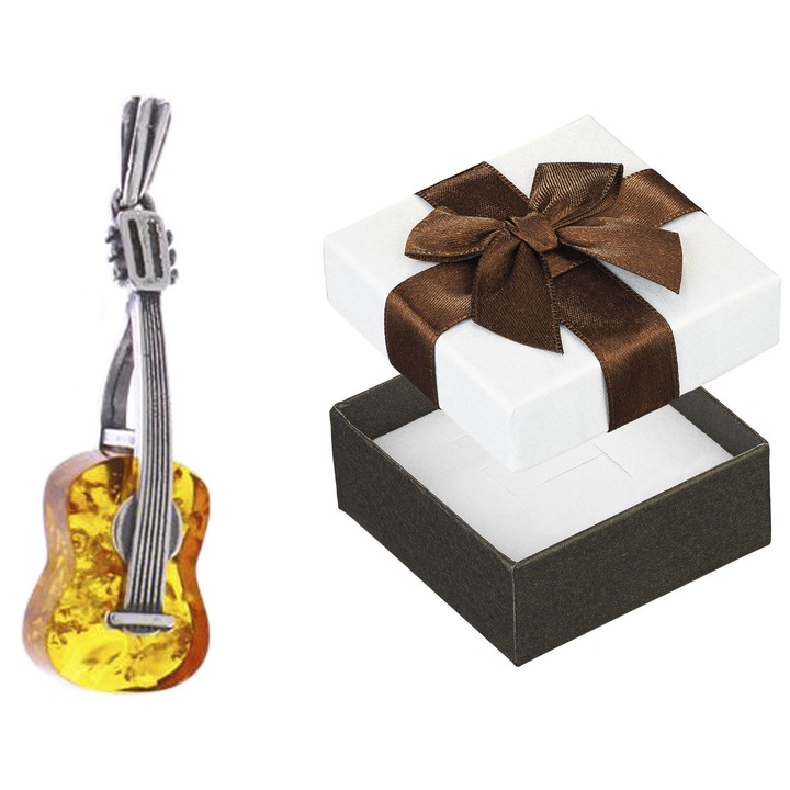 Pandantiv argintiu in forma de chitara cu chihlimbar, bijuterii dama, Siju