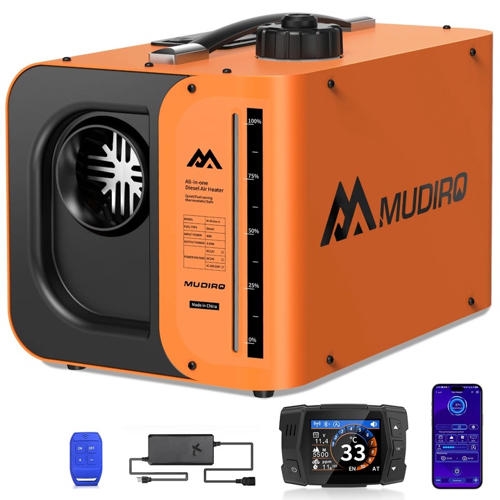 Hőlégfúvó, Mudiro, CO biztonsági rendszer, sokoldalú tápellátási opciók, EU csatlakozó, 38x25x27cm, 11kg