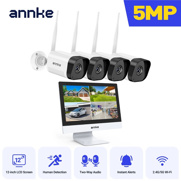 Система за видеонаблюдение, Annke, 5MP, нощно виждане, комплект с 4 камери, 12 инча