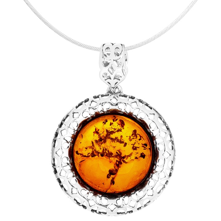 Colier dama Siju cu bursa de chihlimbar, argintiu, scurt, 30cm