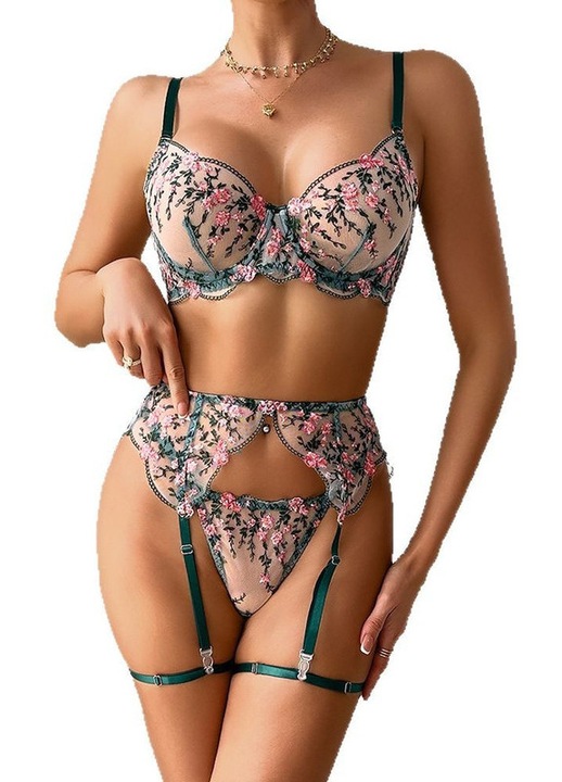 Szexi, átlátszó, virágmintás, zöld fehérnemű szett, L méret
