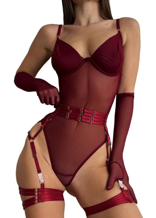 Body transparent sexy, cu panouri din plasa, bretele modelatoare si manusi. Rosu vin. Marimea L. Lungime 59cm, Bust 74-102cm, Talie 68-92cm, Lungime maneca 50cm