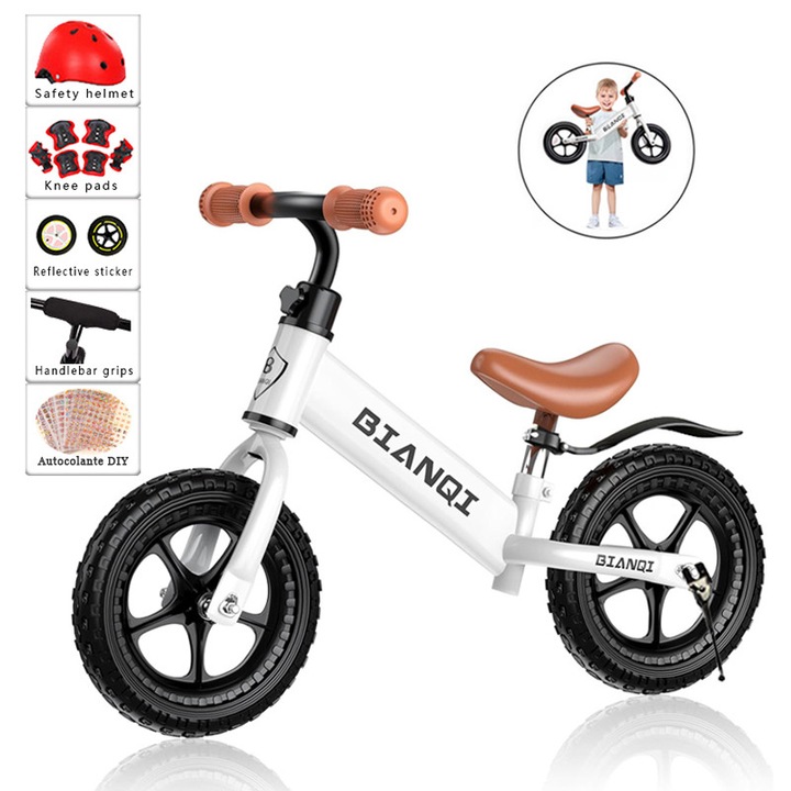 Bicicleta de echilibru, ghidon rotativ la 360 de grade, anvelope pneumatice elastice cu absorbtie a socurilor, reglabila, potrivita pentru copii cu inaltimea intre 80 si 105 centimetri Roti de 12 inch Moale, alba1 autocolant DIY，Alb，
