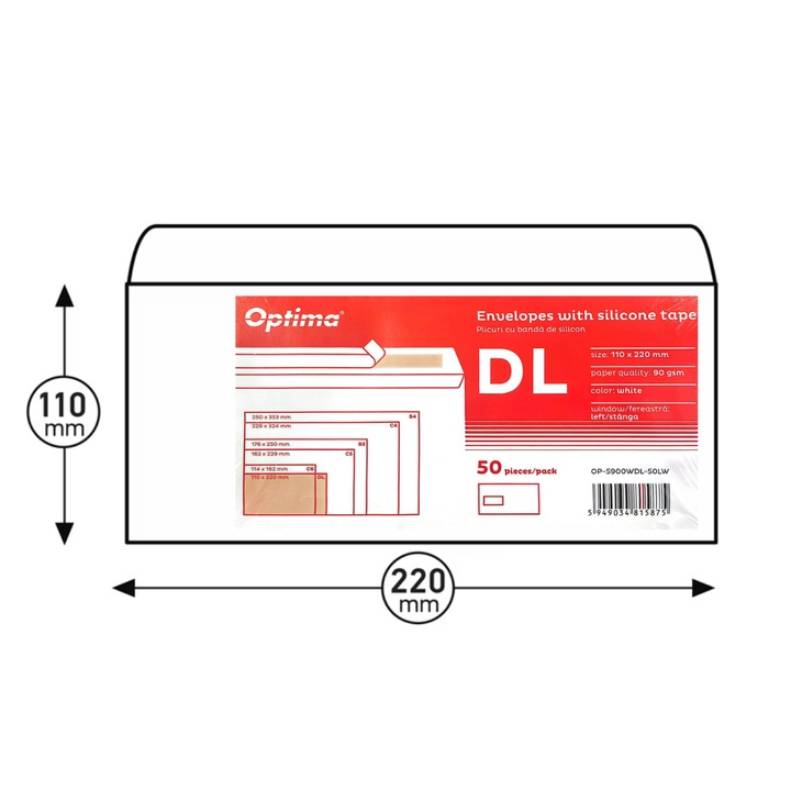 Plic Dl (110x220mm), Lipire Siliconica, 50 Buc/set, Optima - Alb - Fereastra Stanga