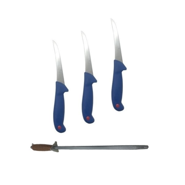 Set profesional 3 cutite dezosare, 30 cm, lame otel, maner albastru anti-alunecare