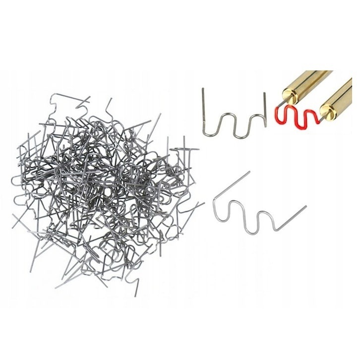 Set 100 capse pentru pistol sudura plastic, tip RS28, otel inoxidabil, grosime 0.8 mm, ideale pentru reparatii rapide si rezistente, argintii