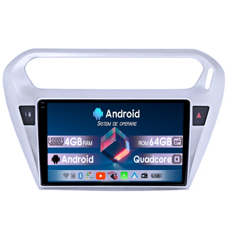 Dedikált navigáció Peugeot 301 2013-2016 C-Elysee 2012, 4GB RAM 64GB ROM, Négymagos, 9" QLED 1K kijelző, Carplay, Android 14, Bluetooth, Play Áruház, AHD kamera támogatás