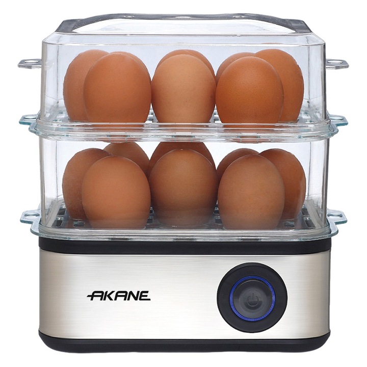 Aparat de Fiert si Prajit Oua Multifunctional AKANE, 2 Niveluri pentru 16 Oua, 500W Incalzire Rapida, Oprire Automata, Protectie Impotriva Arsuri, Ideal pentru Mic Dejun in Familie sau Bucatarii Mici, Argintiu