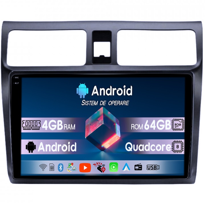 Navigáció Suzuki Swift 2003-2010-hez, 4GB RAM, 64GB ROM, Négymagos, 10" QLED 1K kijelző, Carplay, Android 14, Bluetooth, Play Áruház, AHD kamera támogatás