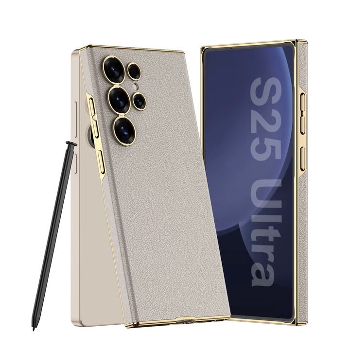Rendkívül vékony tok Samsung Galaxy S25 Ultra készülékhez, Agora arany betétes öko bőr, szürke