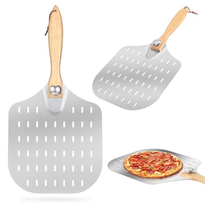Lopata pentru pizza, bedee, Aluminiu, XXL, 31x34 cm, Maner detasabil de 29 cm, Rezistenta la temperaturi ridicate, Ideal pentru coacerea pizza, paine, focaccia, placinte, Culoare lemn/Argintiu