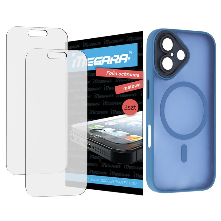 Set 3-in-1 folie protectoare mată și carcasă MagSafe albastră pentru iPhone 17, TPU