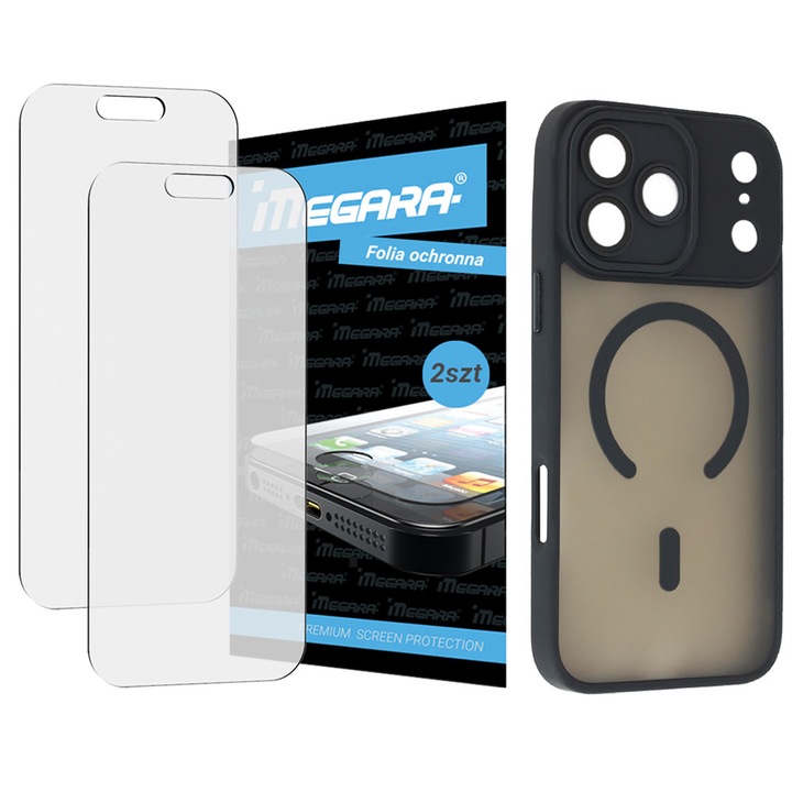 Set 2x folii protectoare și husă TPU pentru iPhone 17 Pro, negru, MagSafe